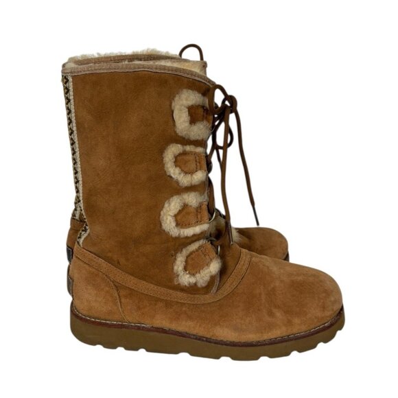 UGG Rommy Boots Womens 8 Tan Brown Suede Shearling Mid-Calf Lace-Up Nordic 3219 - Picture 1 of 14